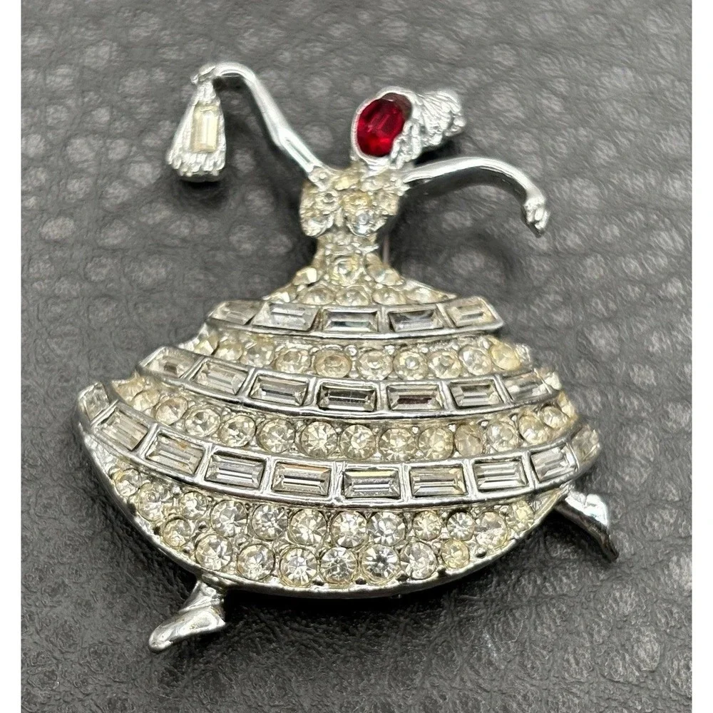 Vintage Rhinestone Ballerina Dancer Lady Brooch Pin Red Crystal Silver Tone